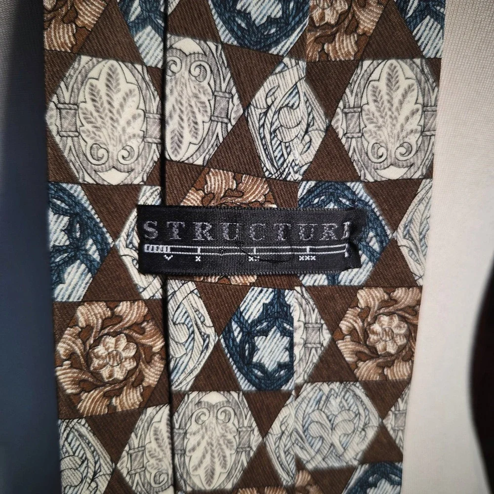Structure Tie Mens Vintage 90s Silk Geometric Medallion Brown Blue Made in USA